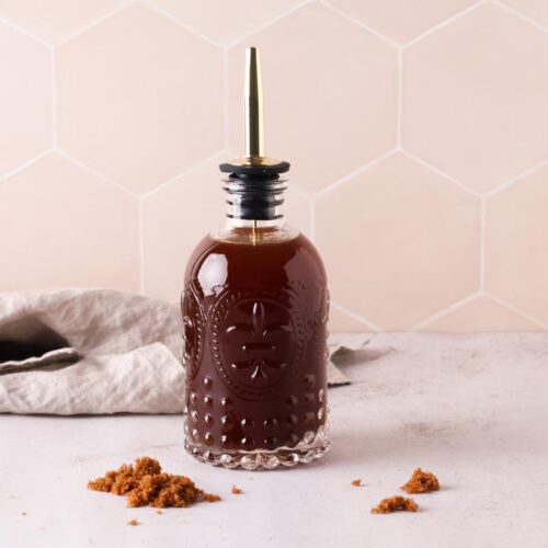 brown sugar vanilla simple syrup in a glass bottle