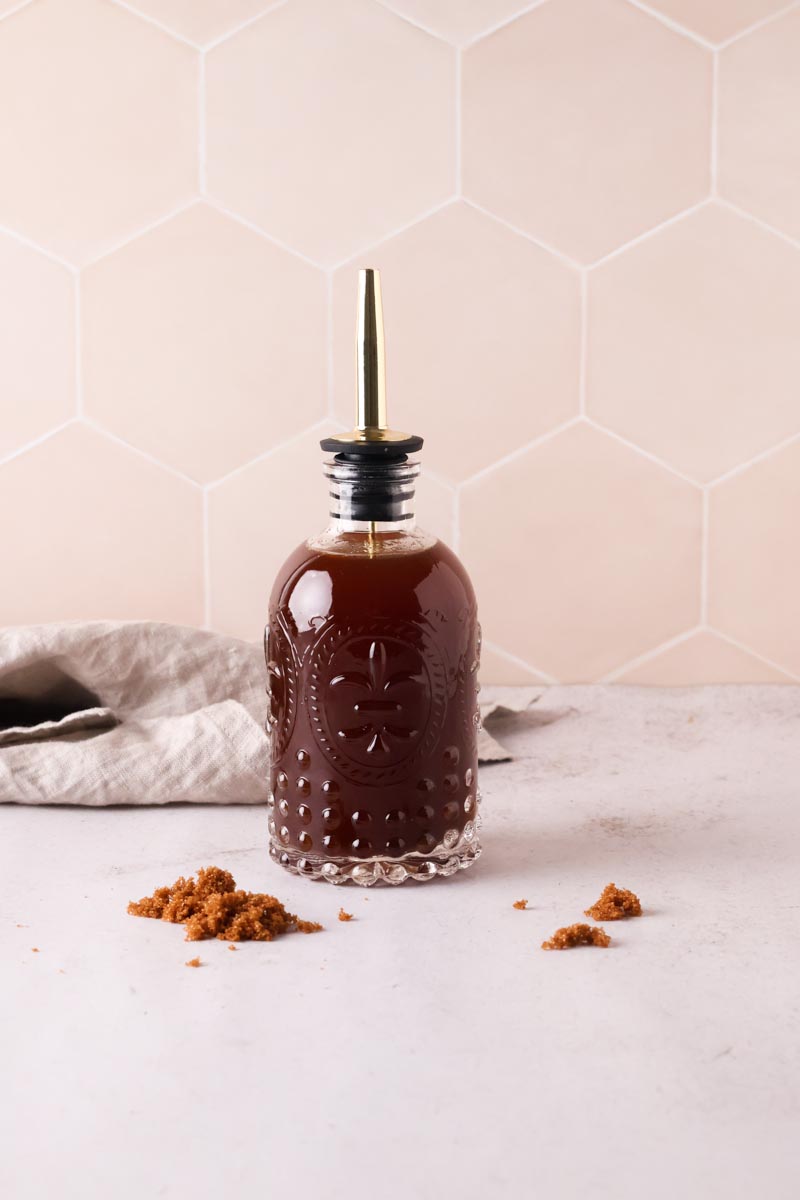 brown sugar vanilla simple syrup in a glass bottle