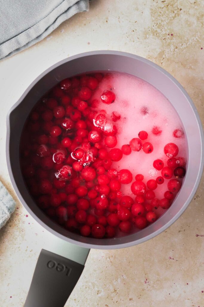 red currants sugar and water in a pan